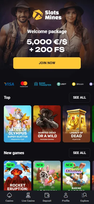 Slotsmines Casino mobile games interface