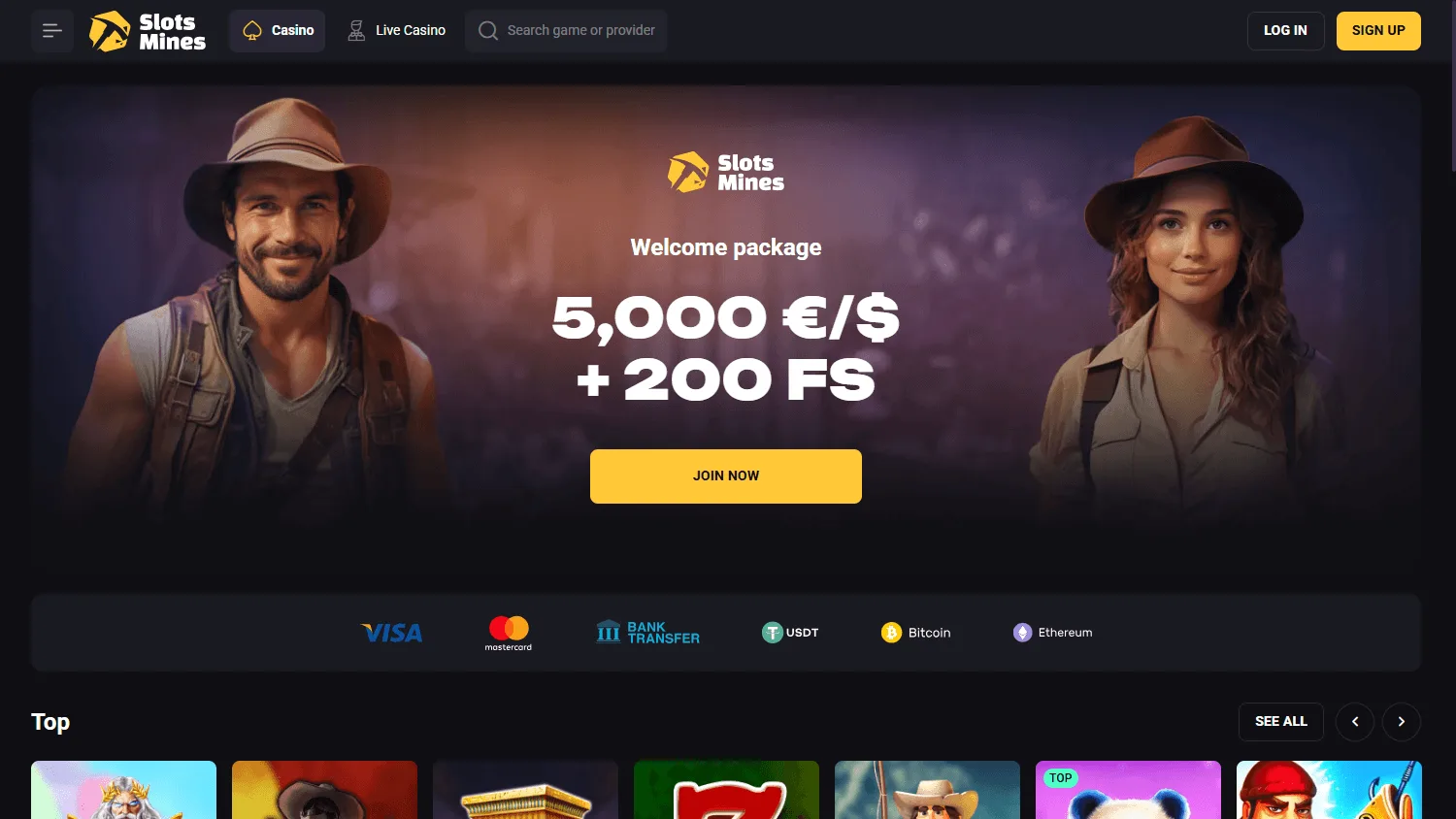 Slotsmines Casino desktop games interface